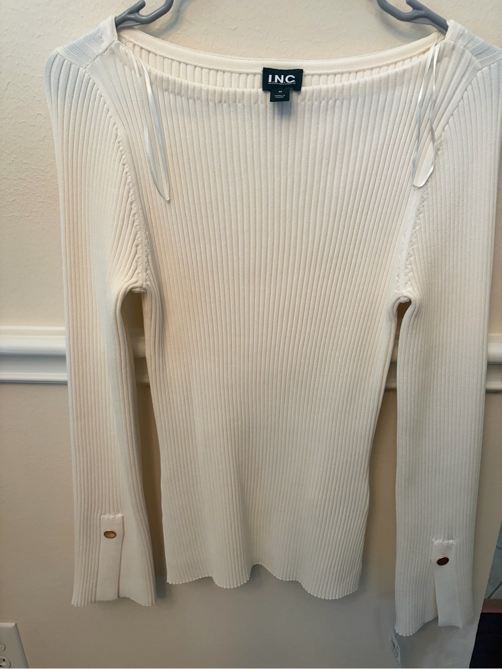 INC International Concepts Ivory Ribbed Long Sleeve Knit top